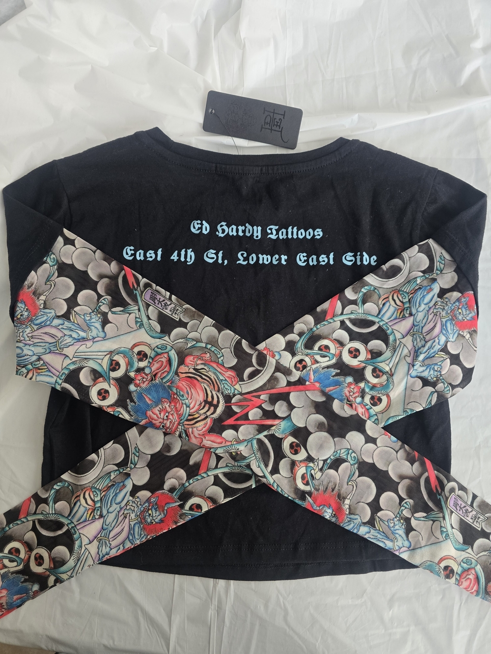 Ed Hardy Black Long Sleeve Graphic Tee with Multicolor Tattoo Print - Picture 2 of 5